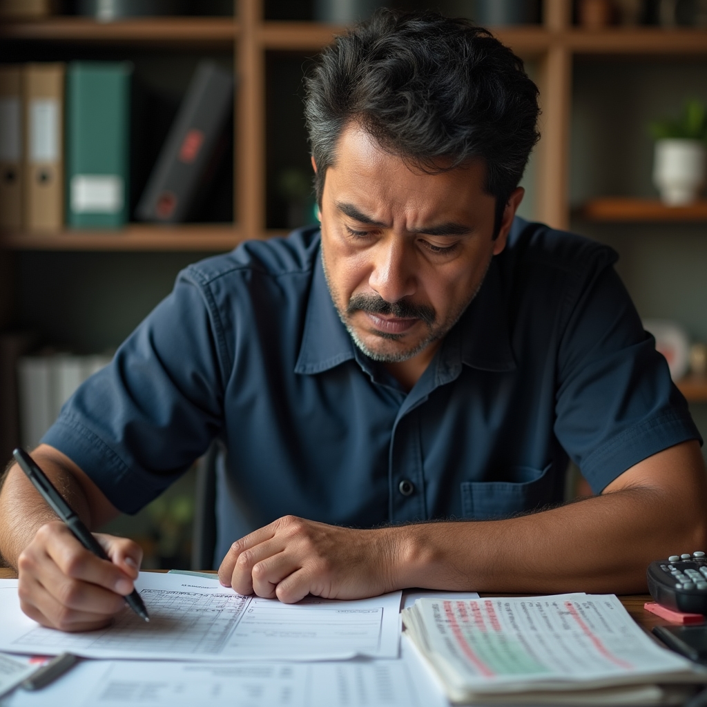 Business owner reviewing financial papers at their store desk with focused expression