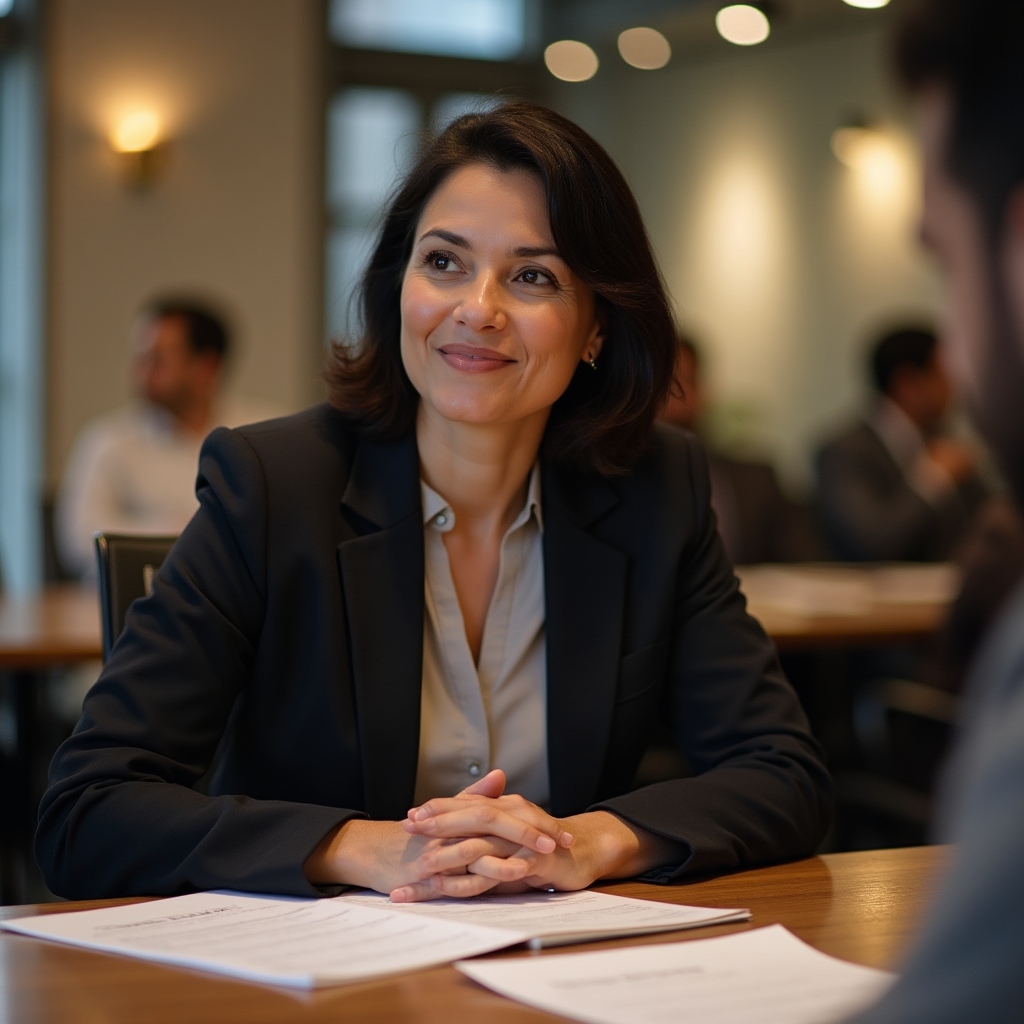 Lead workshop facilitator, professional woman in her 40s reviewing cash flow documents at a conference table
