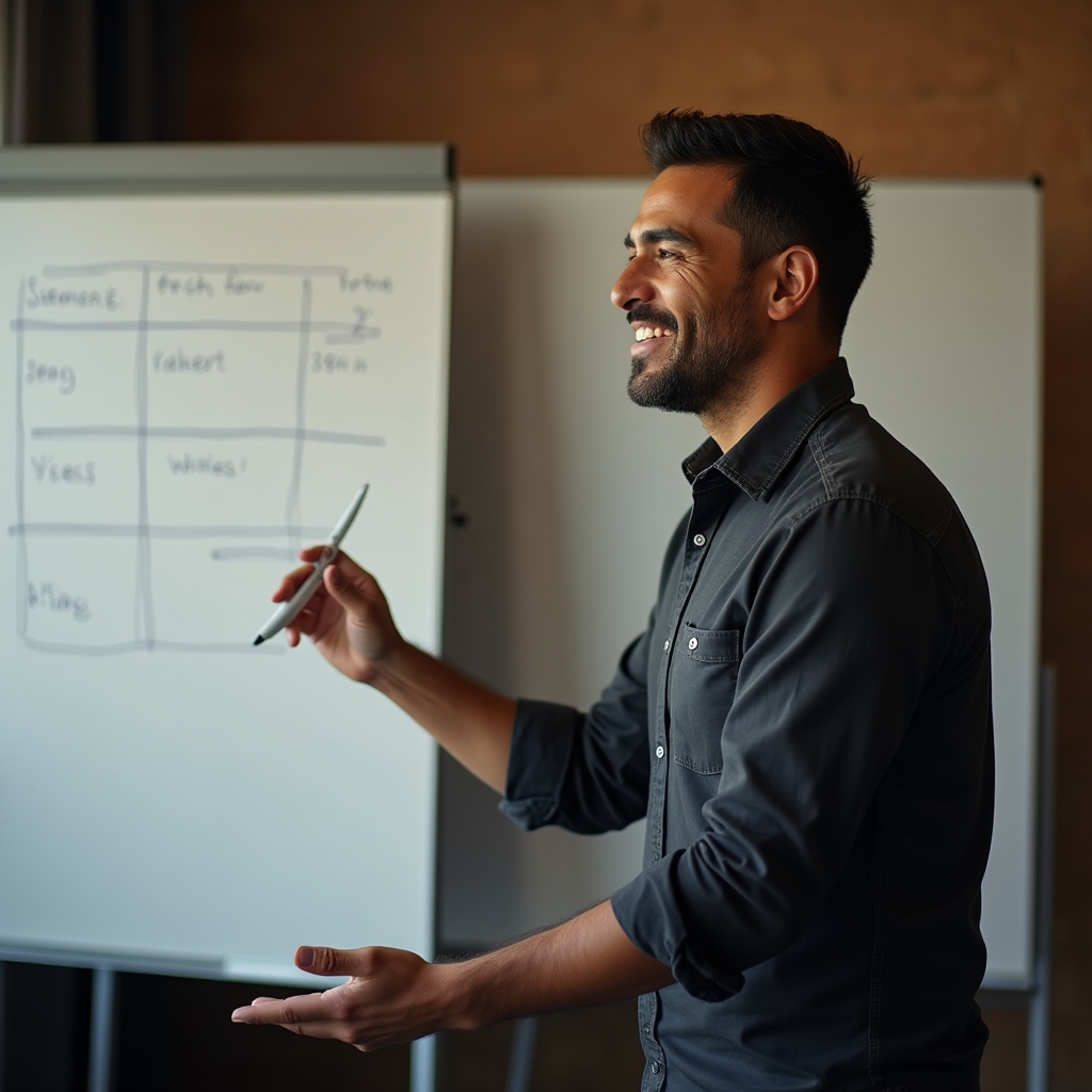 Secondary workshop facilitator, professional man in his late 30s explaining a cash flow concept at a whiteboard