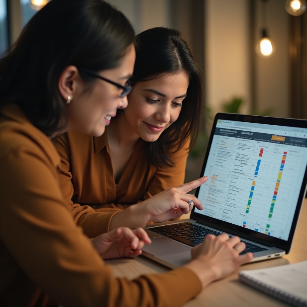 Tools and digital facilitator, professional woman in her early 40s demonstrating a spreadsheet on a laptop