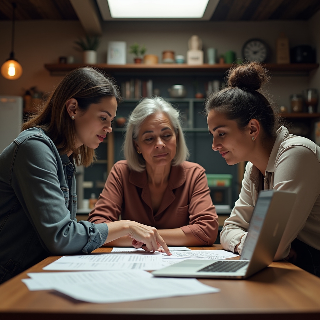 Family business owners discussing financial planning around a table with documents