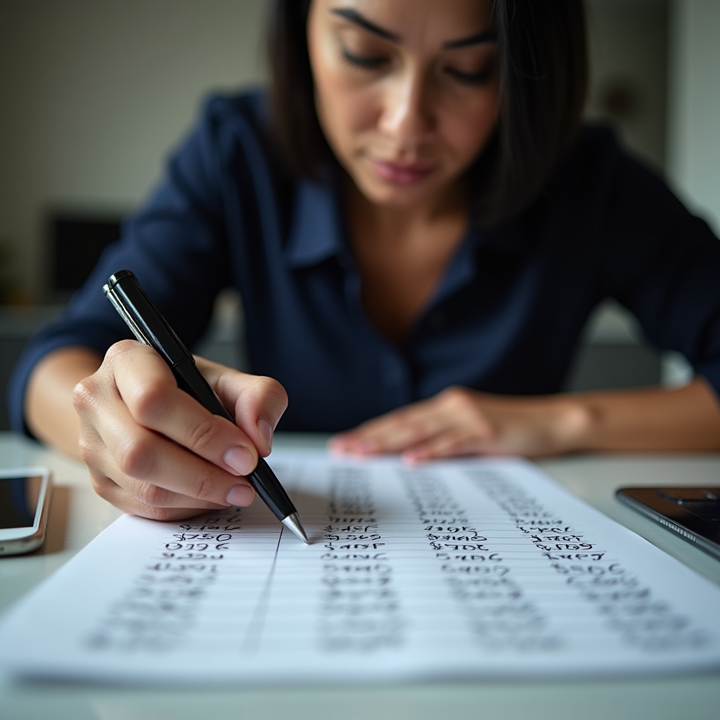 Store manager reviewing weekly cash flow on paper worksheet