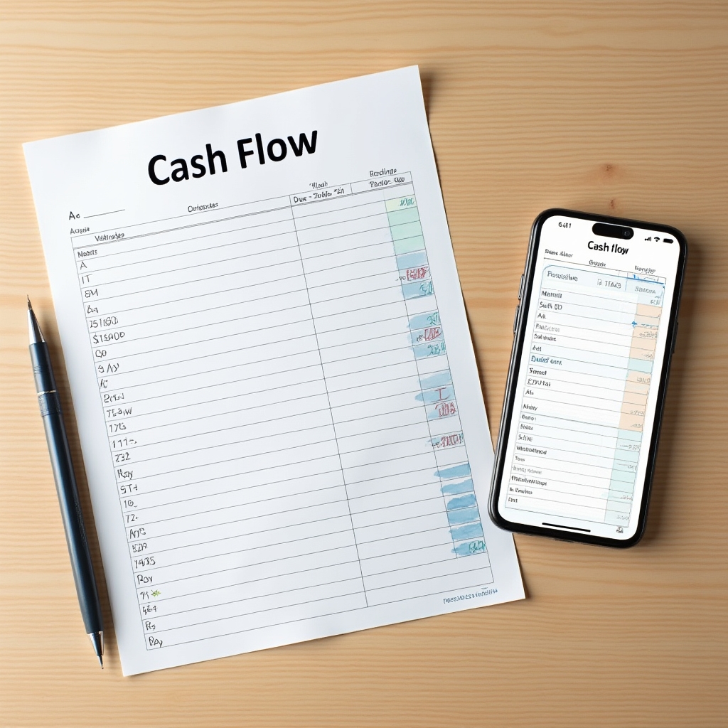 Side-by-side view of paper cash flow worksheet and phone spreadsheet showing same weekly data
