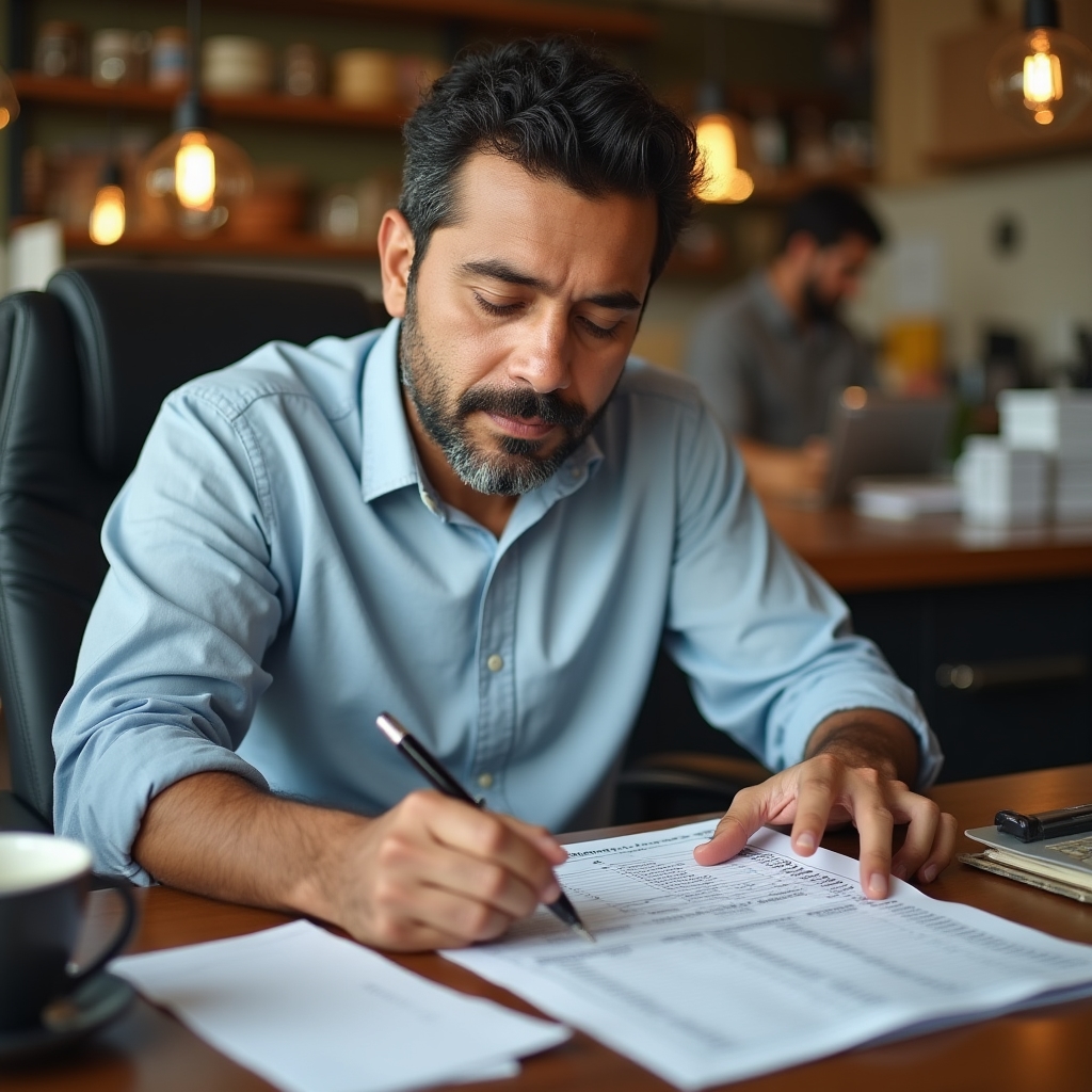 Store manager at desk on Monday morning updating weekly cash flow worksheet with the previous week's actual numbers